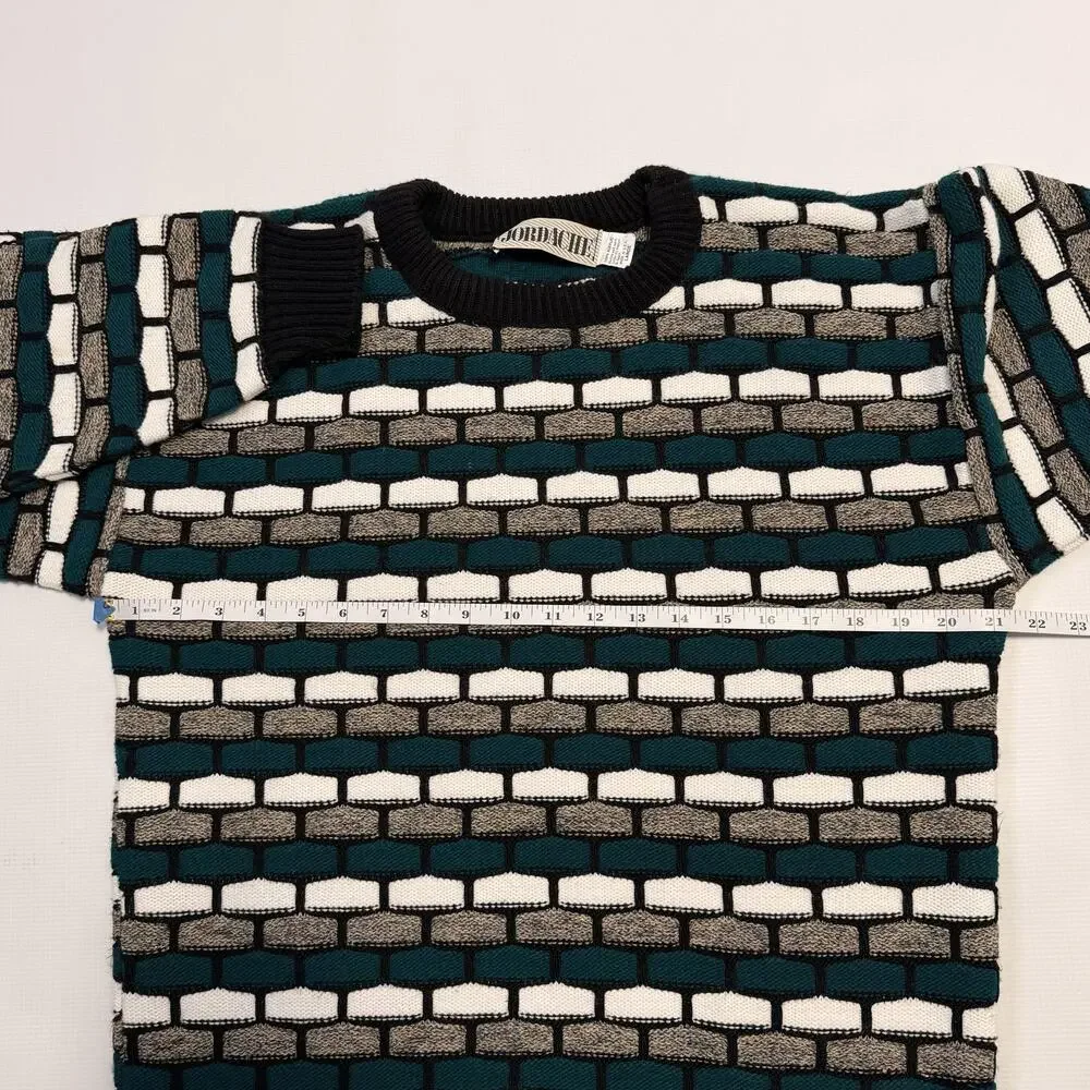 Vintage Jordache Sweater Mens Large Green Black Geometric Crewneck USA Knit 90s